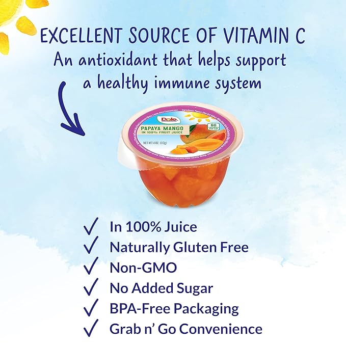 Dole Papaya Mango In 100% Fruit Juice Snacks, 4oz 36 Total Cups, Gluten & Dairy Free, Bulk Lunch