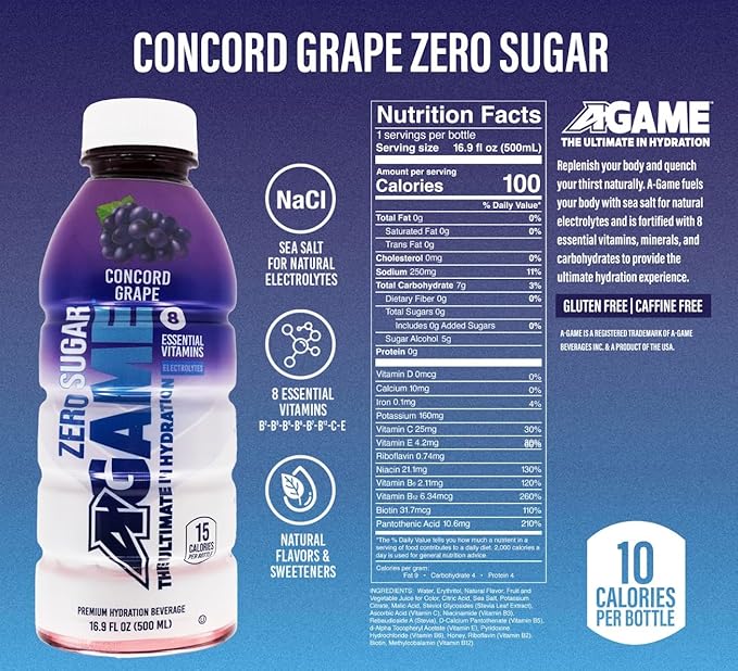 A-GAME Zero Sugar Sports Drink, Concord Grape Zero, Sugar FreNatural Flavors, Gluten Free & Keto