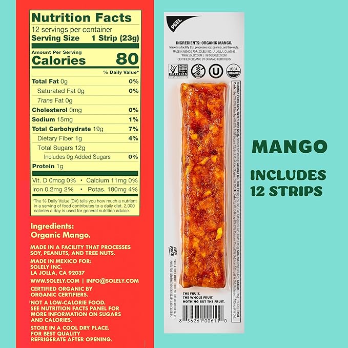 Solely - Organic Mango Fruit Jerky - 12 Individually Wrapped Fruit Strips - Fruit Leather Made from