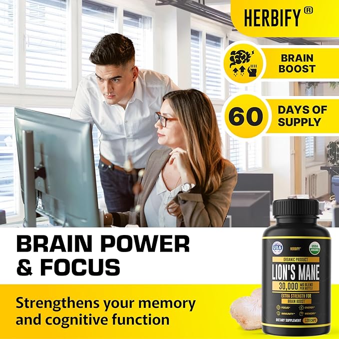 HERBIFY Lions Mane Supplement - Daily Mushroom Supplement for Memory, Focus & Clarity - Brain