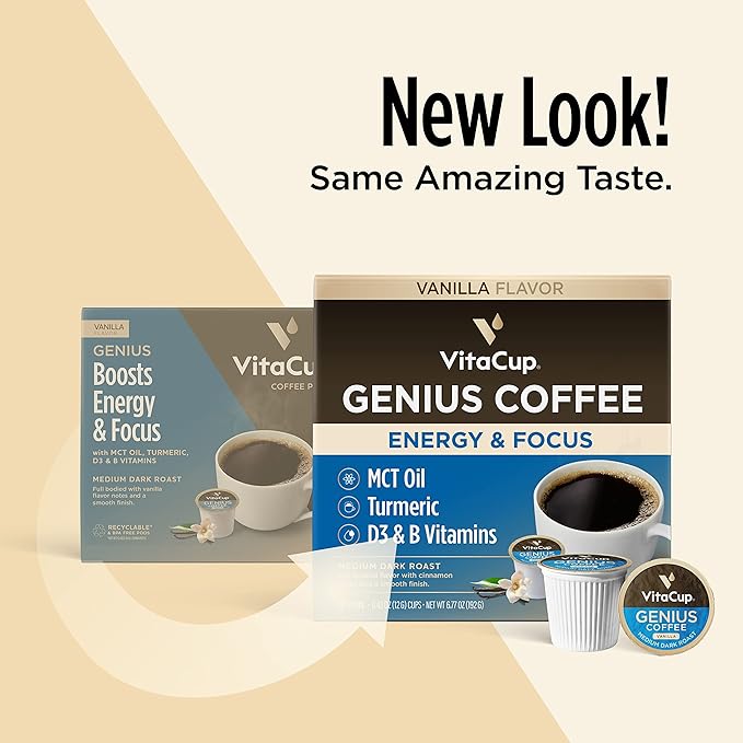 VitaCup Genius Vanilla Keto Coffee Pods w/MCT Oil, Turmeric, B Vitamins, & D3 for Energy & Focus in