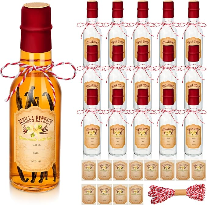 Tioncy 16 Pcs Vanilla Extract Bottles for Homemade Vanilla Jar Glass Bottle with Cap, Shrink Band