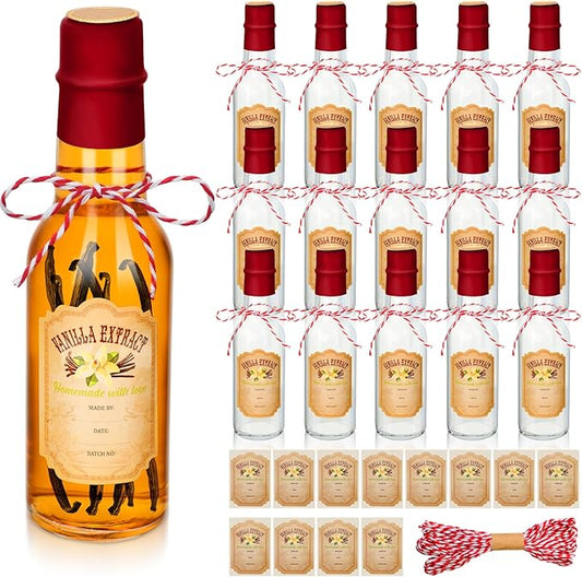 Tioncy 16 Pcs Vanilla Extract Bottles for Homemade Vanilla Jar Glass Bottle with Cap, Shrink Band