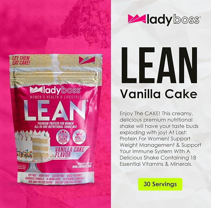 LadyBoss Lean Protein Shake Vanilla Cake Flavor - Meal Replacement & Craving Support with Grass-Fed