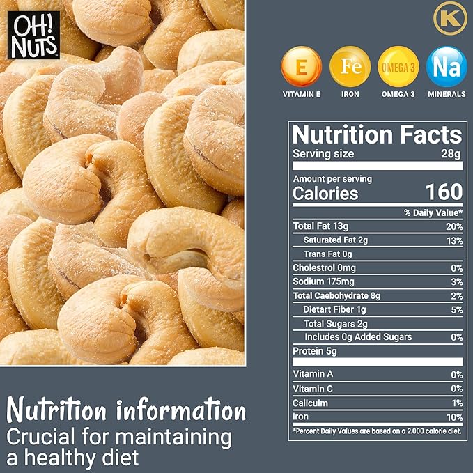 Oh! Nuts Cashews Roasted Salted - 1 lb - Oven Dry Roasted Cashews - Packed in New York Zip-Seal Bag