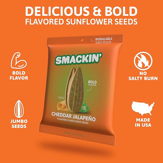 SMACKIN' - Jumbo Roasted Sunflower Seeds, No Salty Burn, American Made, Easy Pour & Seal - Cheddar
