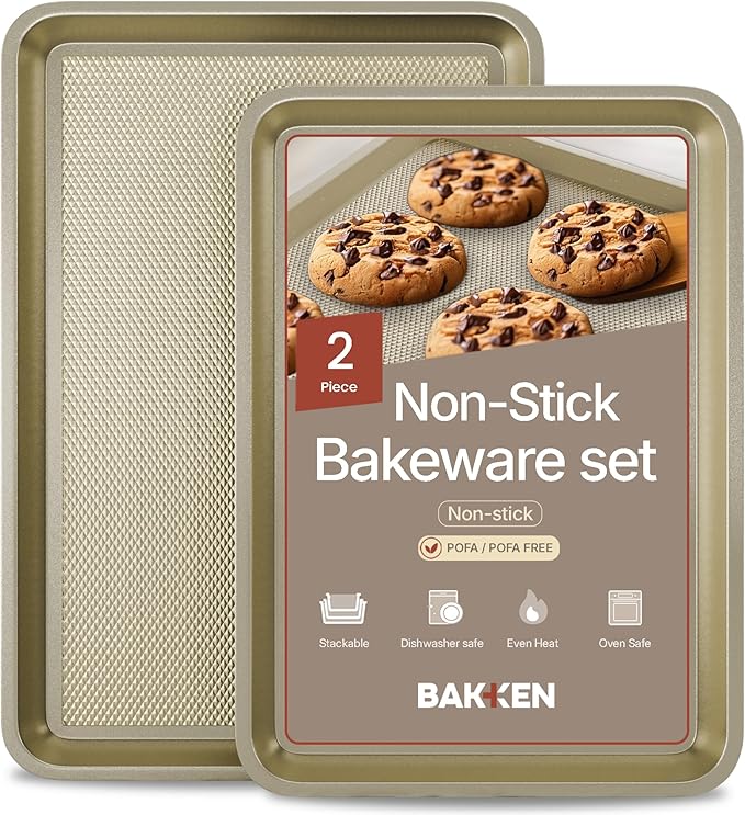 Diamond Bottom Cookie Sheet Set of 2, Nonstick Gold Carbon Steel Baking Pans for Crisp Baking