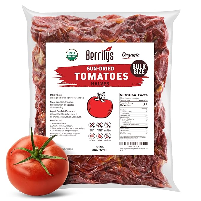 Sun-Dried Tomatoes, 2 LBS, USDA Organic, Berrilys, No Sulfur, No Preservatives, Seasalt is used as