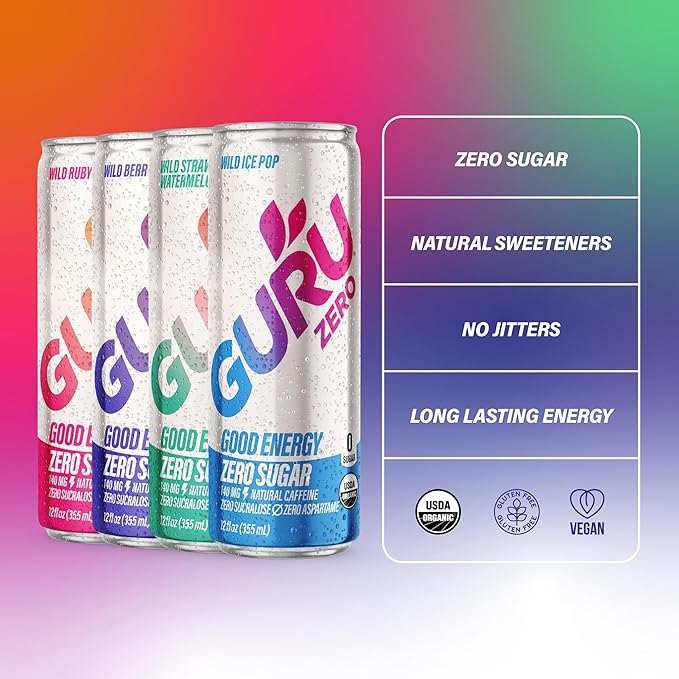 GURU ZERO SUGAR Organic Energy Drinks Variety Pack, Clean Energy Drink with Plant Based Natural