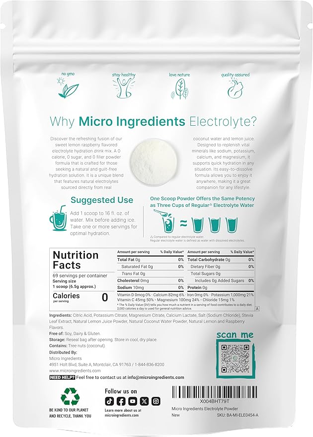 Micro Ingredients Hydration Electrolyte Powder, 1 lb (69 Servings) | Lemon Raspberry Flavor | High