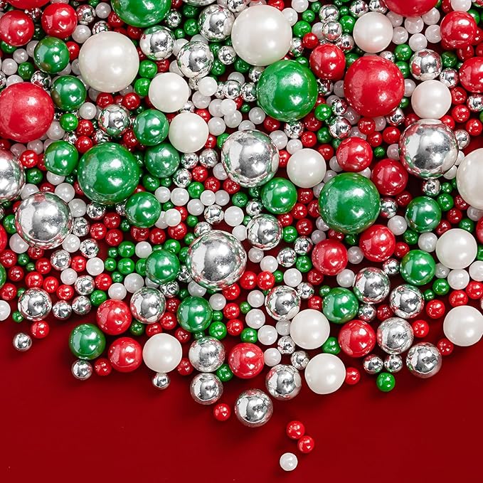 Christmas Sprinkles Pearls for Cake Decorating,130g Red Green White and Silver Pearl Mixed,Edible