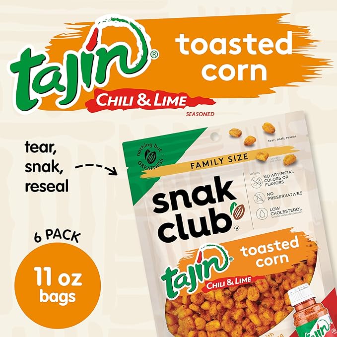 Snak Club Tajin Toasted Corn, Roasted Corn Nuggets with Chili and Lime Seasoning, Mild, Non-GMO