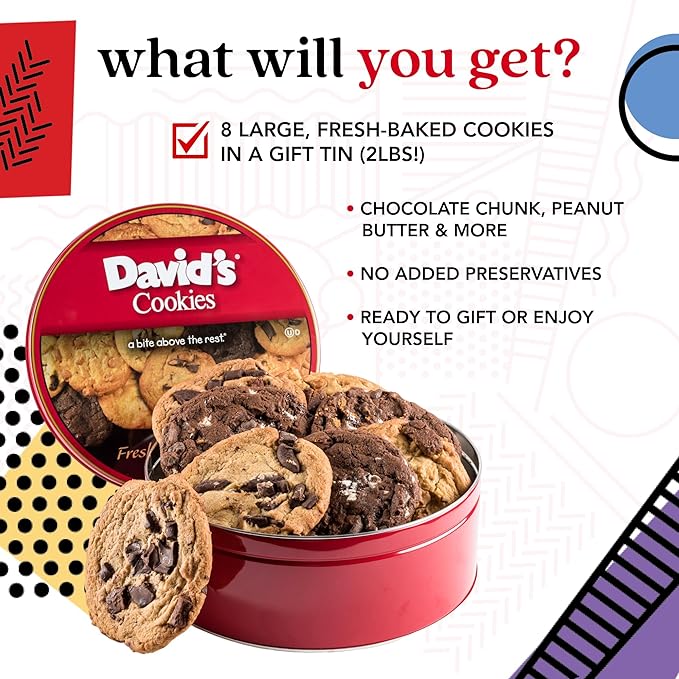 David's Cookies Assorted Fresh Baked Decadent Cookie Gift Tin – 2lb Basket with 8 Jumbo Cookies