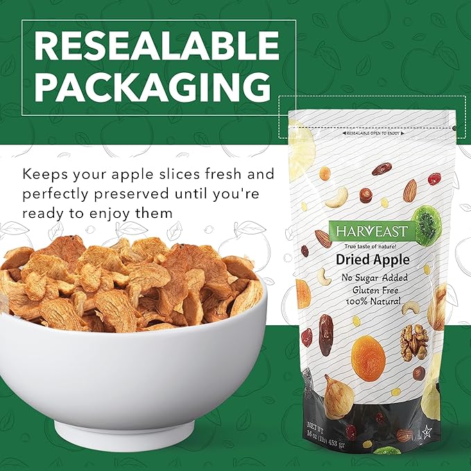 HARVEAST Dried Apples - Dehydrated Sliced Apple Snack - Tender & Sweet Whole Dried Fruits - Vegan