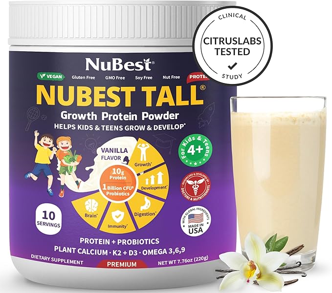NuBest Tall Protein Powder for Kids & Teens - Vegan Vanilla Protein Powder Shake with Organic Red