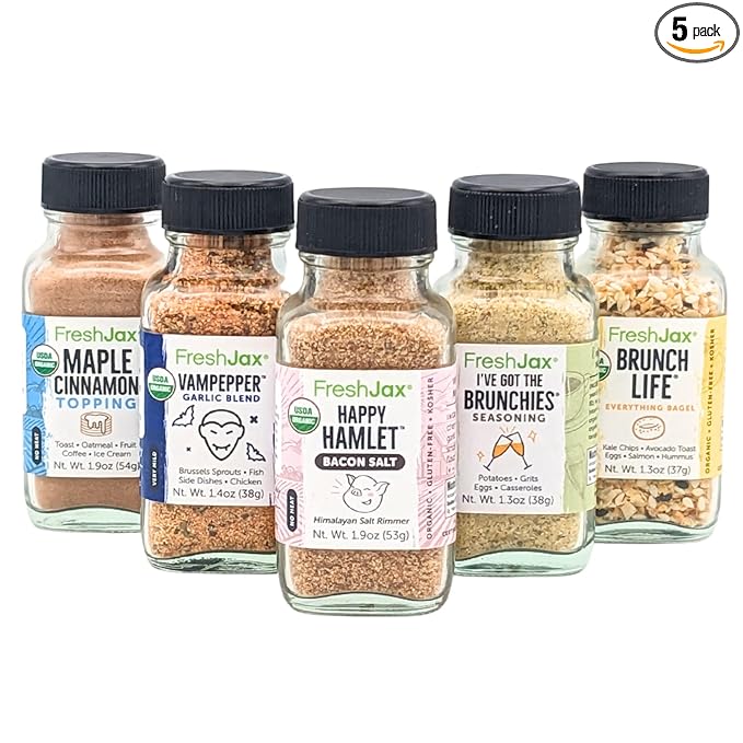 FreshJax Breakfast Seasoning Gift Set ??5 Organic Spices: Maple Cinnamon, Brunch, Bacon Salt