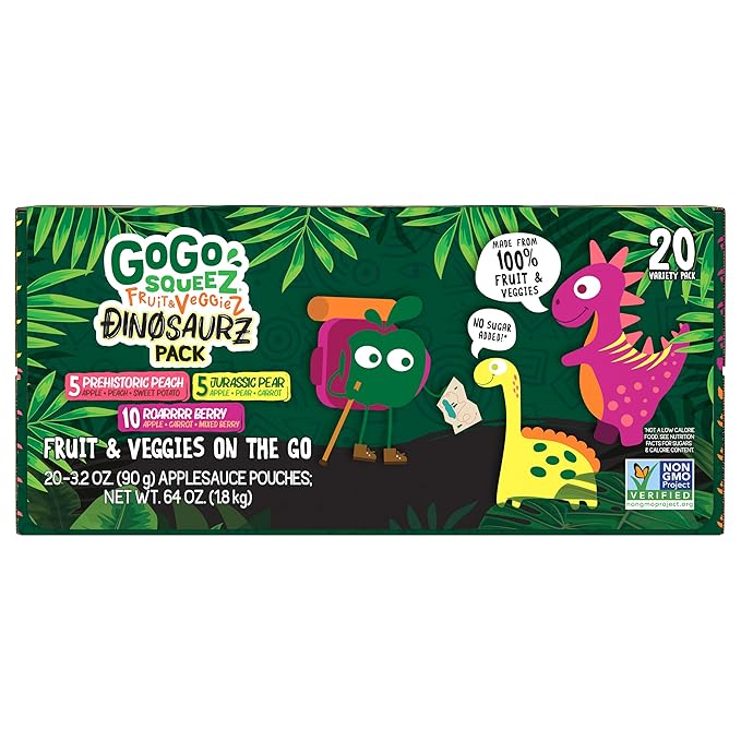 GoGo squeeZ Fruit & veggieZ Applesauce and Puree Variety Pack, Jurassic Pear, Roarrrr Berry &