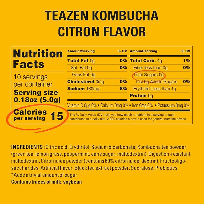TEAZEN Citron Kombucha Tea, Hydration Drink Mix, Sugar Free, Live Probiotics & Prebiotics, 10