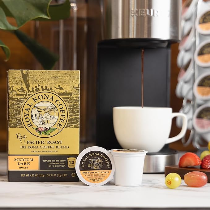 Royal Kona Roy's Pacific Coast, 10% Kona Coffee Blend, Medium-Dark Roast Single-Serve Coffee Pods