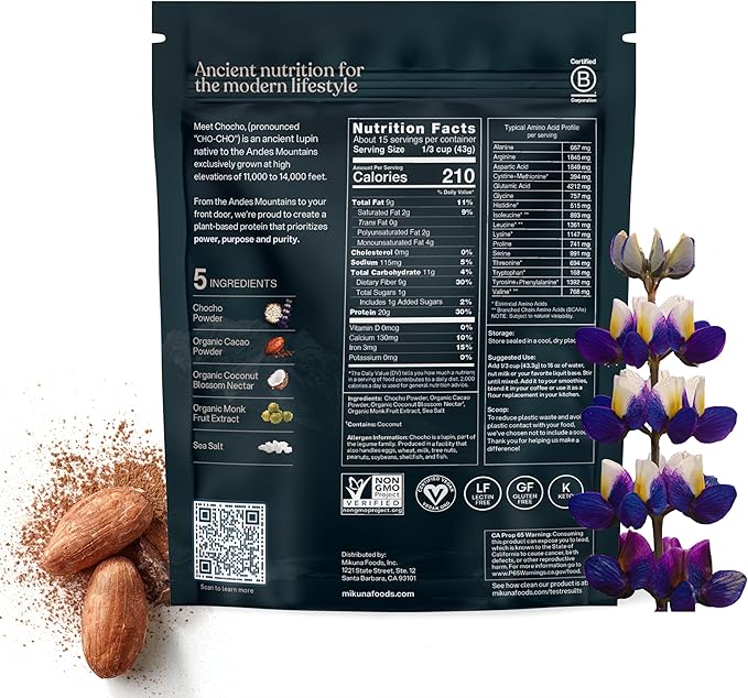 Mikuna Vegan Protein Powder (Cacao, 15 Servings) - Plant Based Chocho Superfood Protein - Dairy
