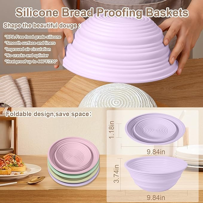 4Pcs Silicone Bread Proofing Baskets, 9" Collapsible Sourdough Bread Baking Supplies Non-Stick