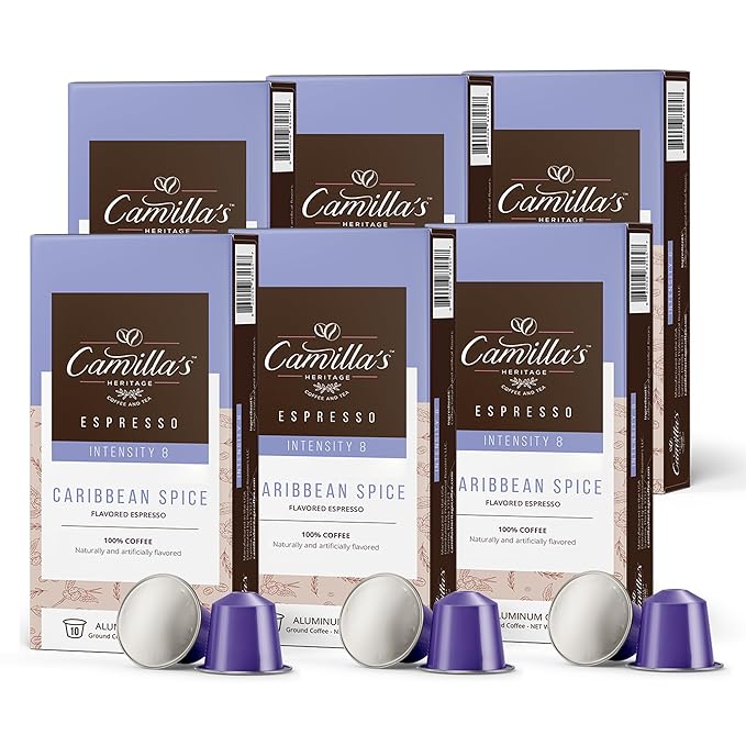 Camilla’s Heritage - Intensity 8 Caribbean Spice Flavored Espresso Coffee, Gourmet Espresso Cups