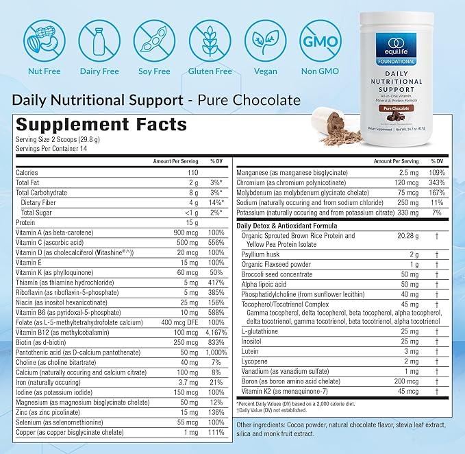 Equilife Daily Nutritional Support, All-in-One Multivitamin Meal Replacement, Pure Chocolate