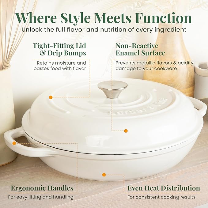 Larder & Vine Enameled Cast Iron Braiser | 3.6 qt Braiser Pan with Lid | Shallow Dutch Oven