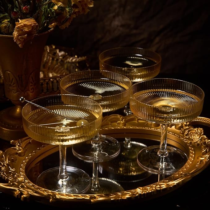 Khen Crystal Glass Ribbed Vintage Art Deco Coupe - 8oz. Set of 12 Crystal Glasses - Weddings &