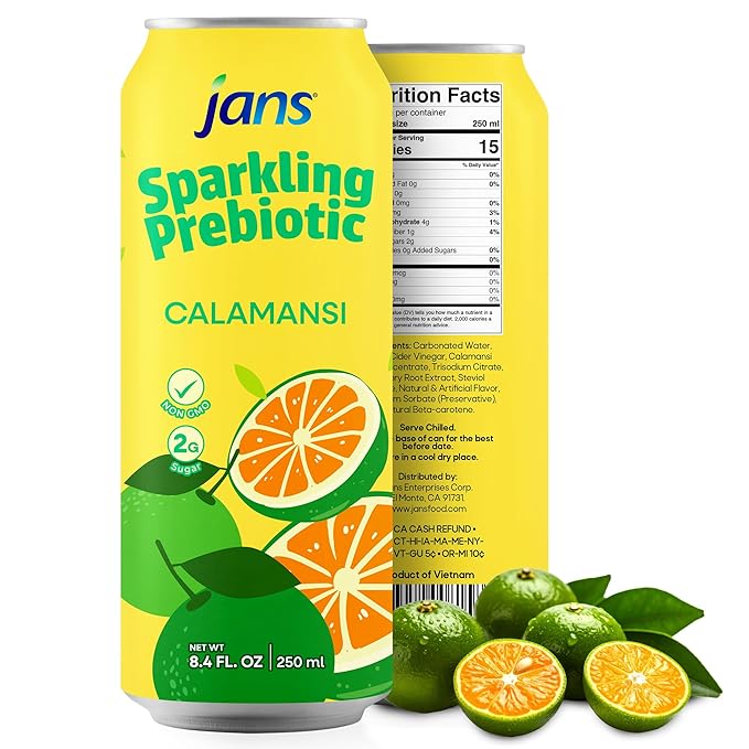 Jans Sparkling Prebiotic Soda Beverage ??Calamansi Juice 8.4 Fl Oz (24-Pack) | Low Calorie, No