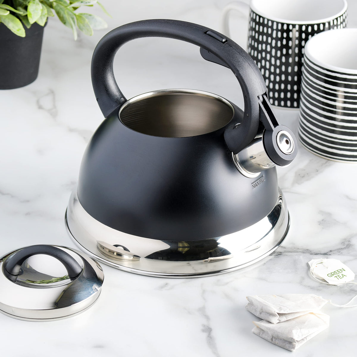 Mr. Coffee Flintshire 1.75-Quart Stainless Steel Whistling Tea Kettle with Nylon Handle – Matte