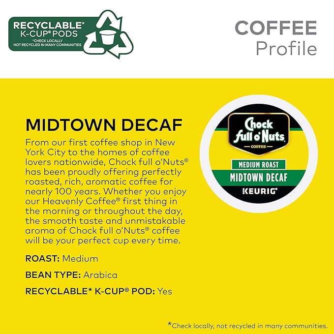 Chock full o’Nuts Midtown Decaf Keurig K-Cup Pods for Keurig Brewers – Premium Arabica, Medium