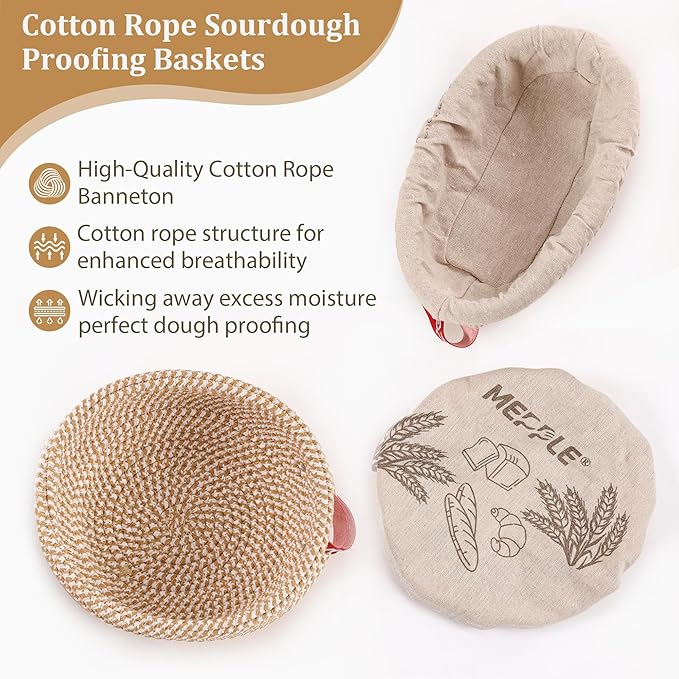 Sourdough Bread Baking Set,10" Round and 11" Oval Rope Banneton Proofing Basket with