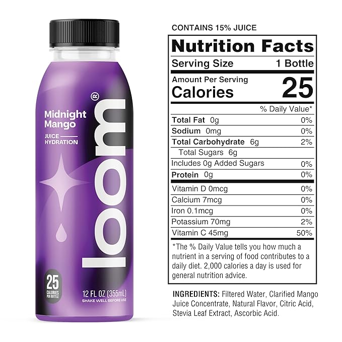 Midnight Mango Juice Drinks by Loom, Low Sugar Juice, Real Fruit, No Added Sugar, 30 Calories