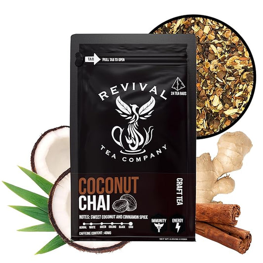 Revival Tea Company Coconut Chai Tea - Black Tea Blend with Fresh Spiced Chai and Coconut Flavor