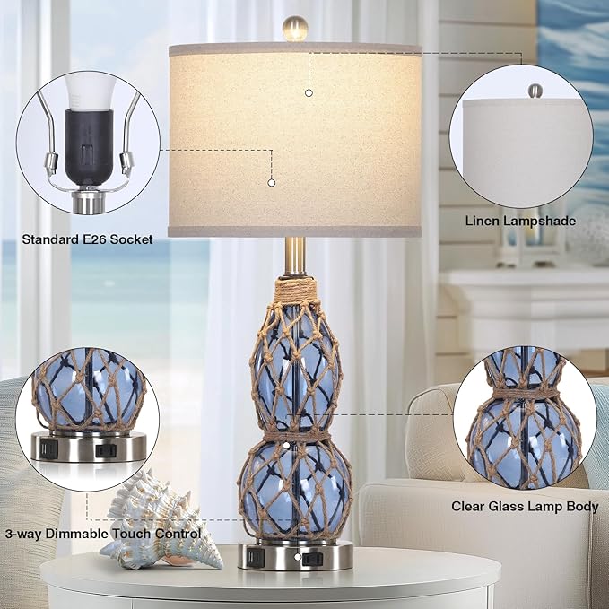 26" Coastal Glass Table Lamps Set of 2, 3-Way Dimmable Touch Lamps with USB Ports and AC Outlet