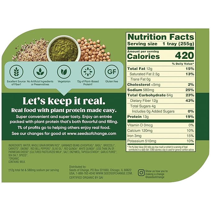 SEEDS OF CHANGE Organic Protein Bowl Garden Pesto, Prepared Entr챕e, Microwave in 90 Seconds, 9 oz