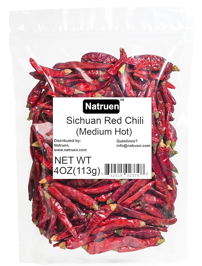 Natruen Whole Dry Szechuan Chinese Red Chili Pods 4 Oz (Medium Hot), Spicy Sichuan Dried Red Hot