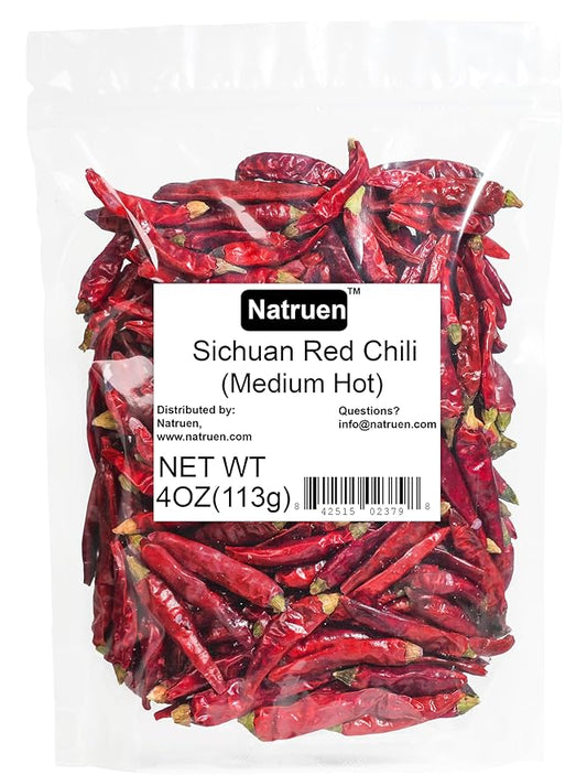 Natruen Whole Dry Szechuan Chinese Red Chili Pods 4 Oz (Medium Hot), Spicy Sichuan Dried Red Hot