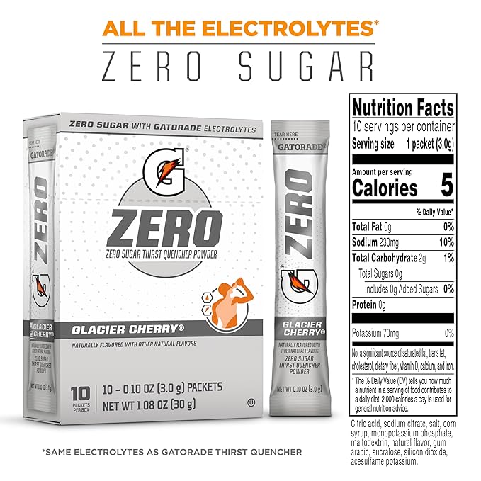 Gatorade G Zero Sports Drink Mix Powder Packets, Glacier Cherry, Electrolyte Powder Drink Mix for