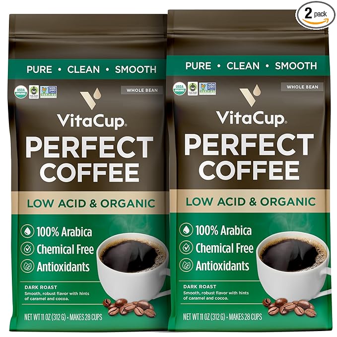 VitaCup Perfect Low Acid Coffee Beans, USDA Organic & Fair Trade, Mycotoxin Free, Dark Roast