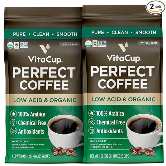 VitaCup Perfect Low Acid Coffee Beans, USDA Organic & Fair Trade, Mycotoxin Free, Dark Roast