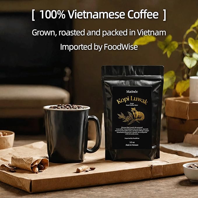 MATINÉE Wild Kopi Luwak Coffee Whole Beans, Medium Roast Luwak Coffee Gifts, Produce of Vietnam