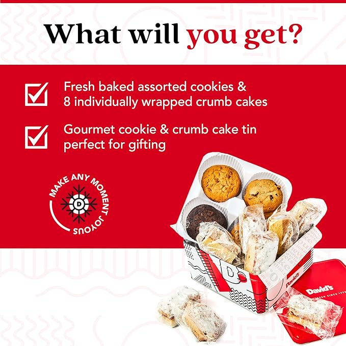 David's Cookies Assorted Fresh Baked Cookies & Crumb Cake Tin - 1Lb Assorted Cookies + 8