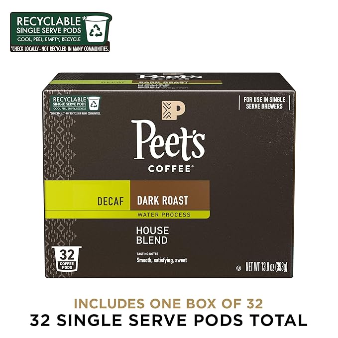 Peet's Coffee, Dark Roast Decaf Single Serve Coffee Pods - Decaf House Blend 32 Count (1 Box of 32