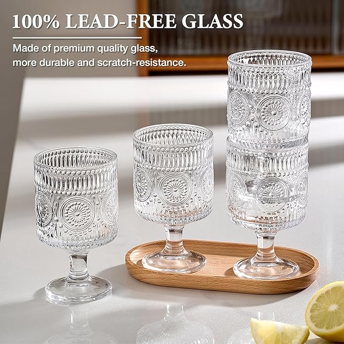 Vintage Goblet Glasses Set of 4, 8oz Embossed Floral Wine Glasses, Clear Glass Cups for Tea, Wine