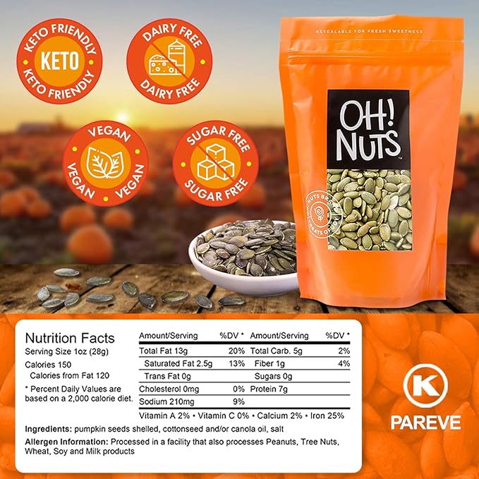Oh! Nuts Pumpkin Seeds - Roasted Salted - 1.25 lb - No Shell Pepitas - Packed in New York Zip-Seal