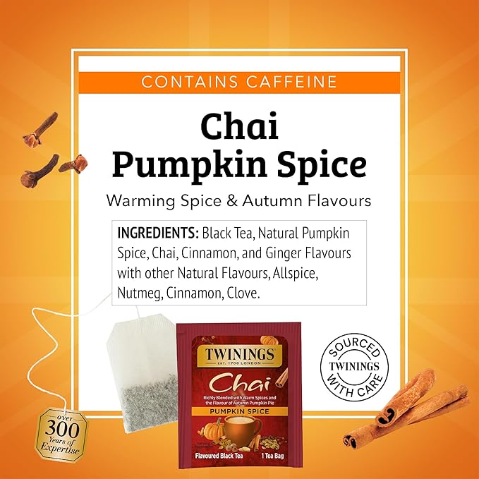 Twinings Pumpkin Spice Chai Black Tea Individually Wrapped Bags | 20 Count (Pack of 6), Warm, Spicy