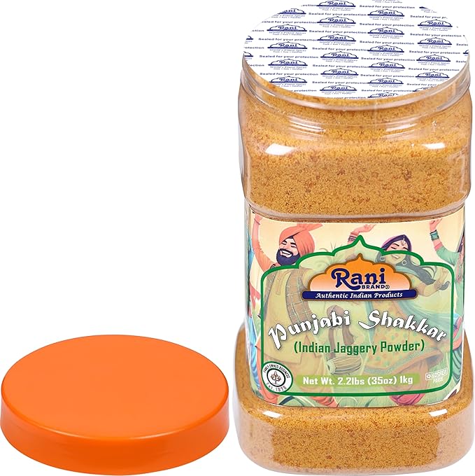 Rani Punjabi Shakkar (Gur Jaggery Powder) Indian Unrefined Raw Cane Sugar 35oz (2.2lbs) 1kg PET Jar