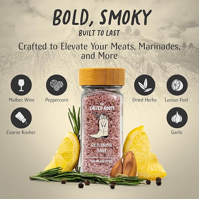 The Salted Roots - Red Wine Salt - Bold & Smoky Seasoning - Infused with Red Wine, Peppercorn